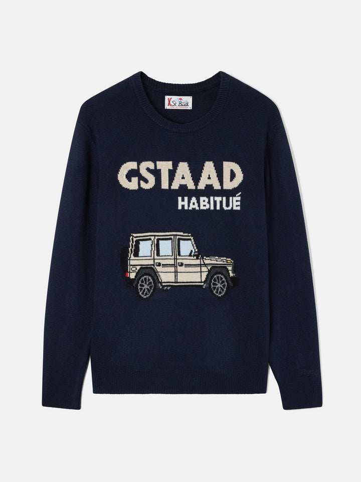 Jersey de punto con cuello redondo Heron Navy blue con intarsia Gstaad Habitué 