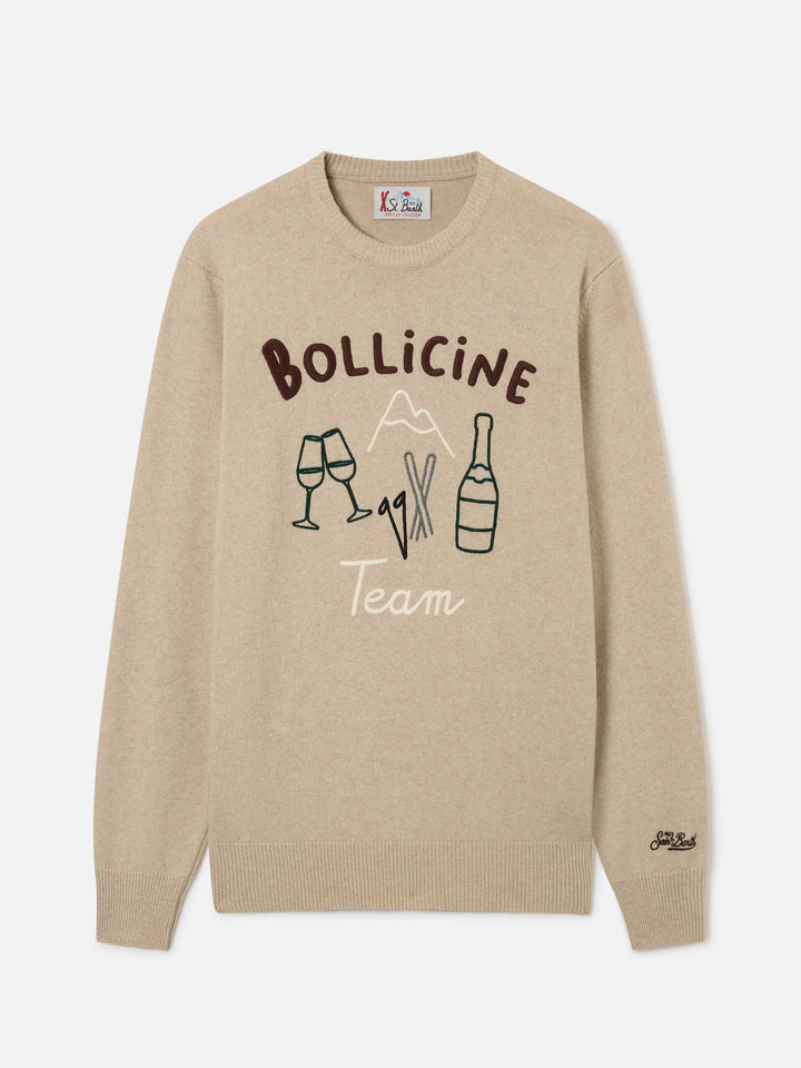 Beiger Rundhalspullover mit Heron-Motiv, Bollicine Team Intarsie und Stickerei 