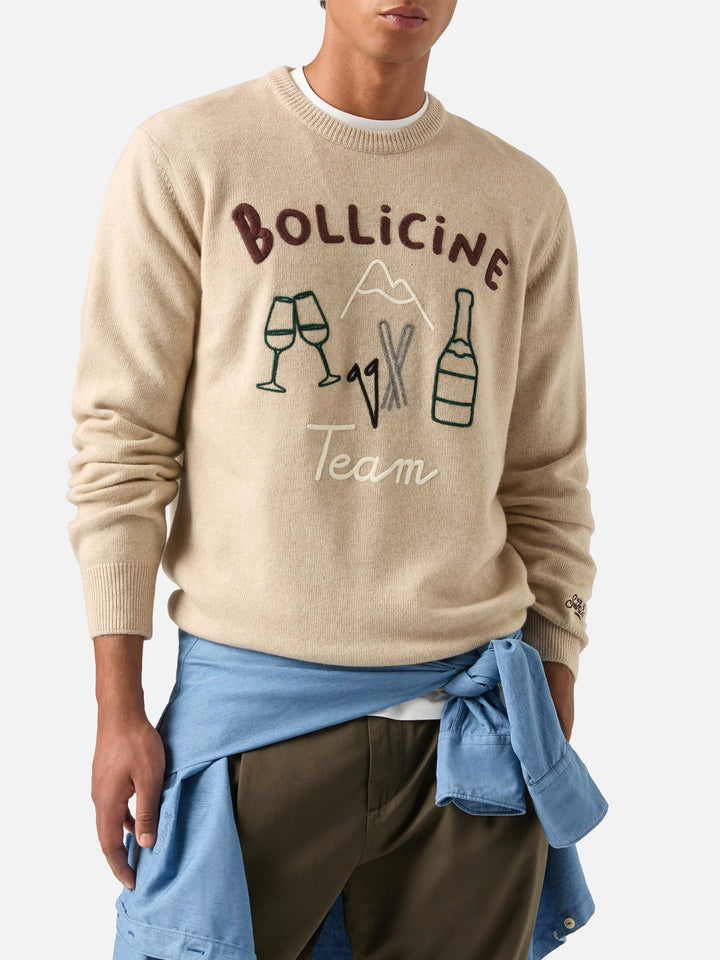 Pull col rond Beige Heron en maille avec intarsia et broderie Bollicine Team 