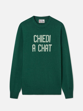 Crewneck-Strickpullover Green Heron mit Chiedi A Chat-Intarsie 