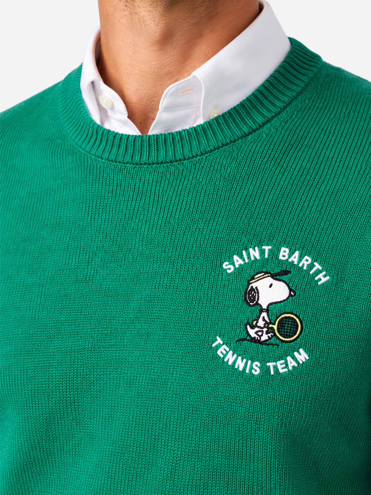 Green Heron crewneck sweater with Snoopy tennis jacquard | Special edition