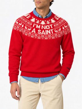 Pull rouge Heron avec jacquard Fair Isle et jacquard I'm not a Saint 