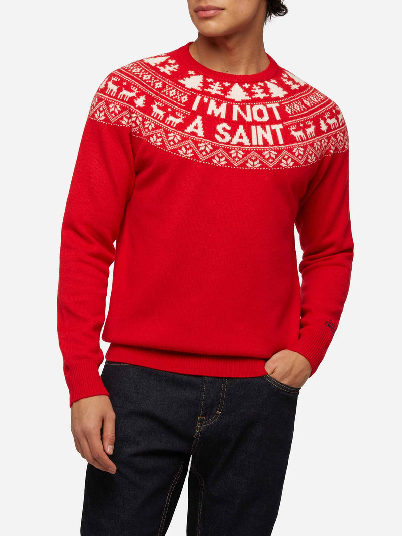 Maglione rosso Heron con jacquard fair isle e jacquard I'm not a Saint