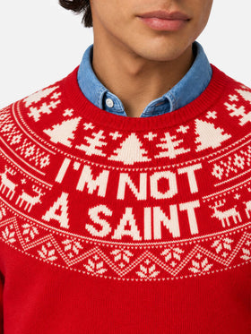 Pull rouge Heron avec jacquard Fair Isle et jacquard I'm not a Saint 