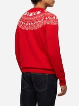 Maglione rosso Heron con jacquard fair isle e jacquard I'm not a Saint