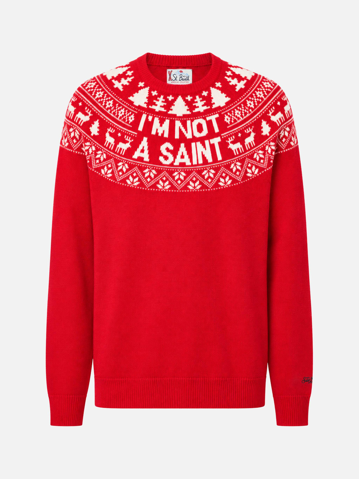 Pull rouge Heron avec jacquard Fair Isle et jacquard I'm not a Saint 