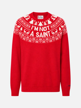 Pull rouge Heron avec jacquard Fair Isle et jacquard I'm not a Saint 