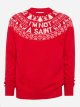 Maglione rosso Heron con jacquard fair isle e jacquard I'm not a Saint