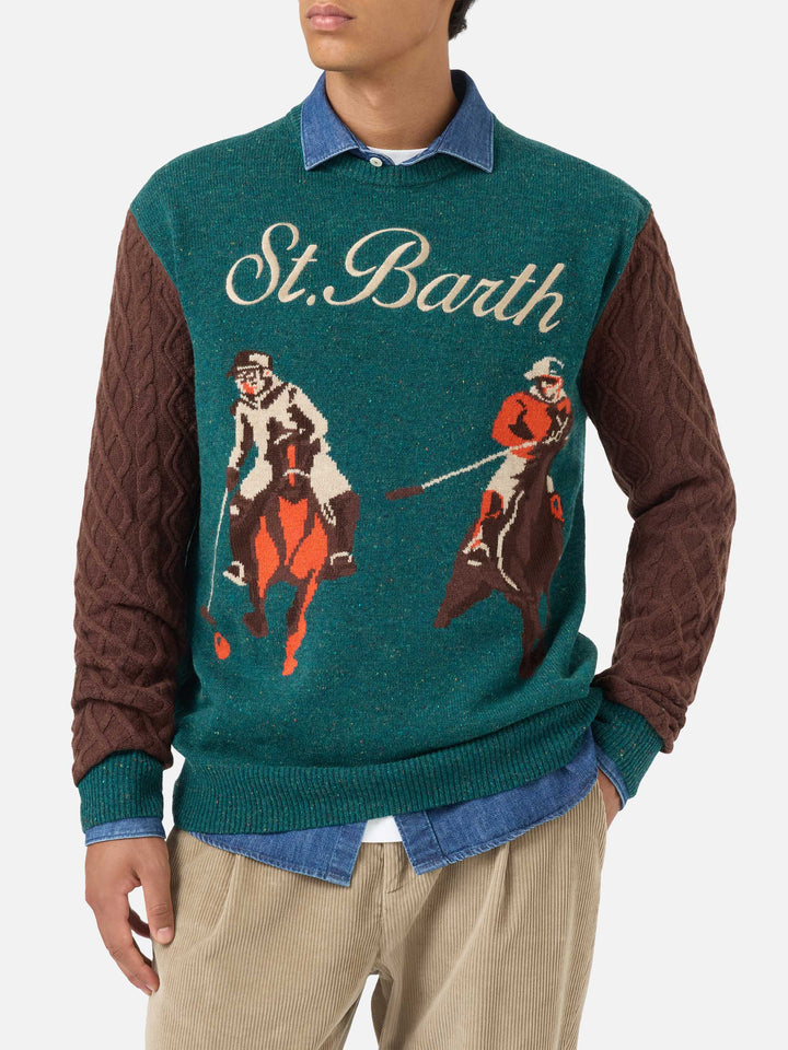Maglione girocollo in donegal con jacquard polo