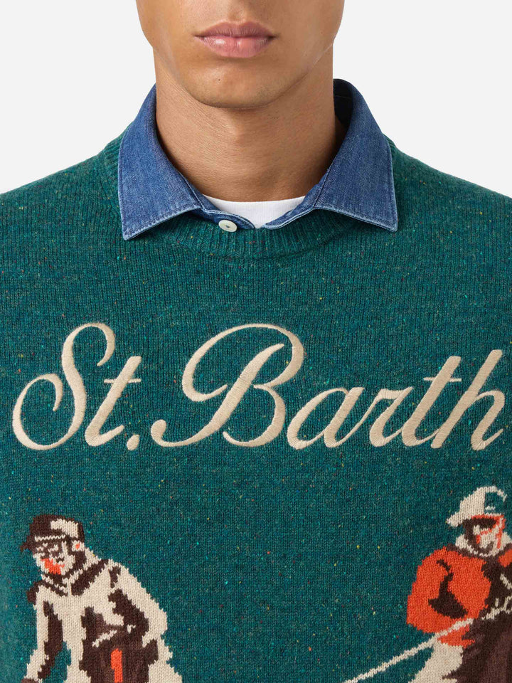 Maglione girocollo in donegal con jacquard polo