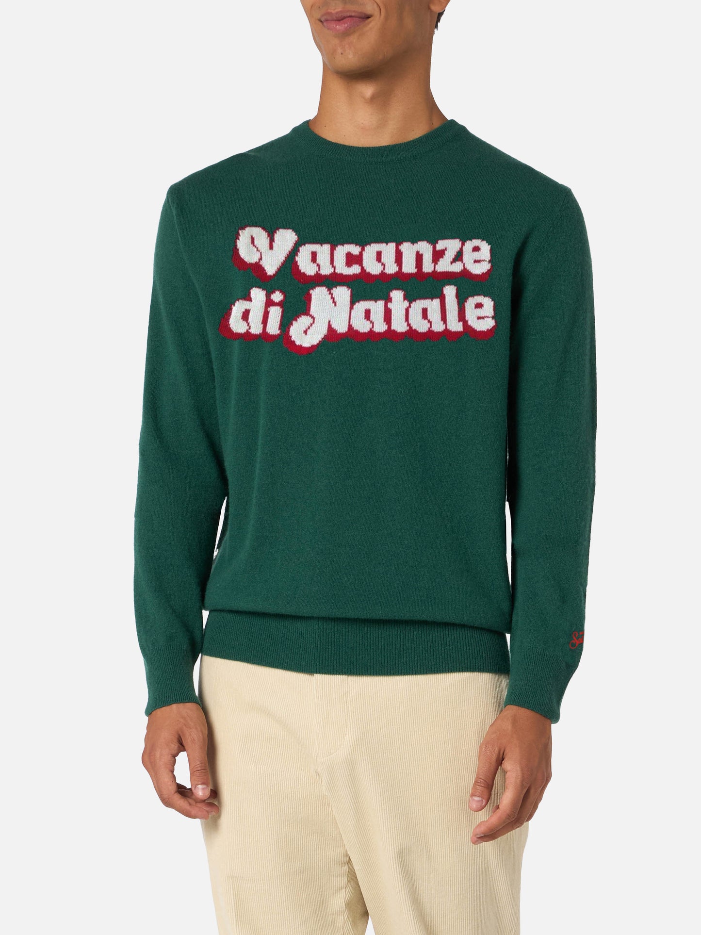 Grüner Herrenpullover Heron mit Vacanze di Natale-Logo aus Jacquard | VACANZE DI NATALE SONDERAUSGABE