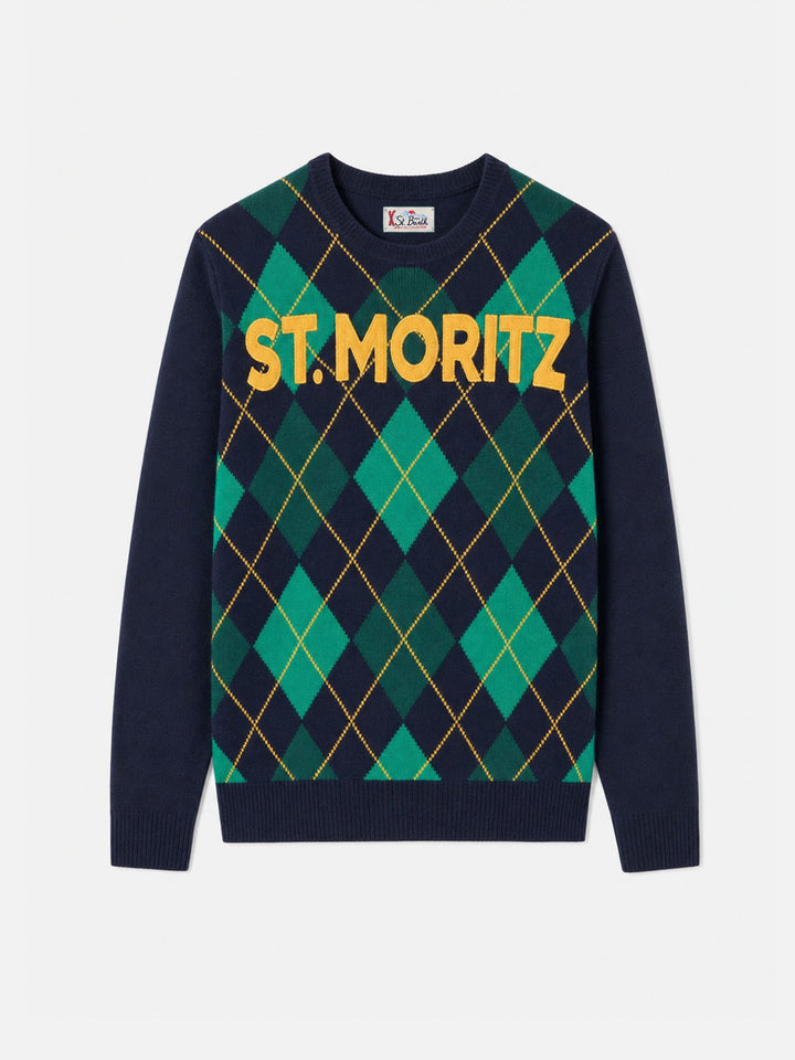 Navy blue Heron crewneck sweater with argyle jacquard