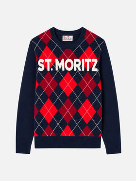 Maglione Heron rosso e blu con motivo argyle e jacquard St. Moritz