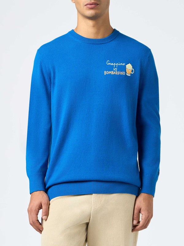 Man ski blue sweater Heron with Grappino vs Bombardino embroidery