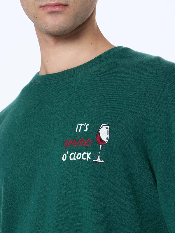 Man green sweater Heron with It's wine o'clock embroidery