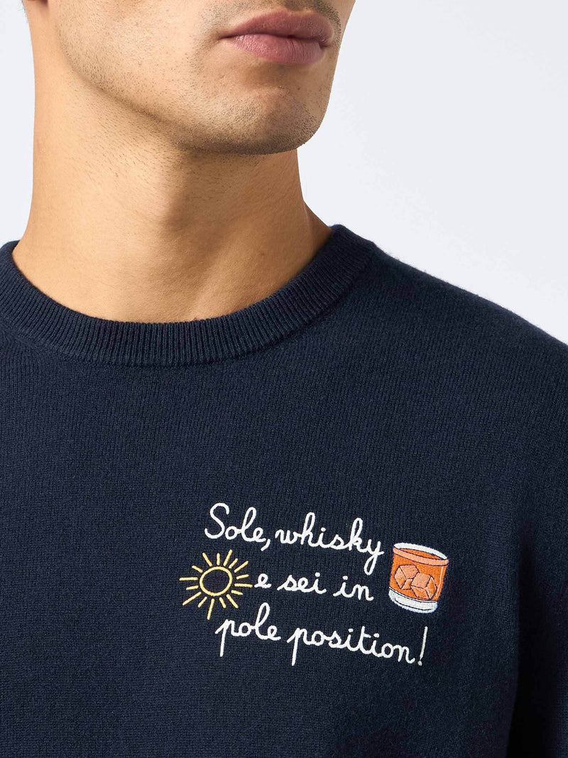 Man blue sweater Heron Light with Sole, Whisky e sei in Pole Position! embroidery| VACANZE DI NATALE SPECIAL EDITION