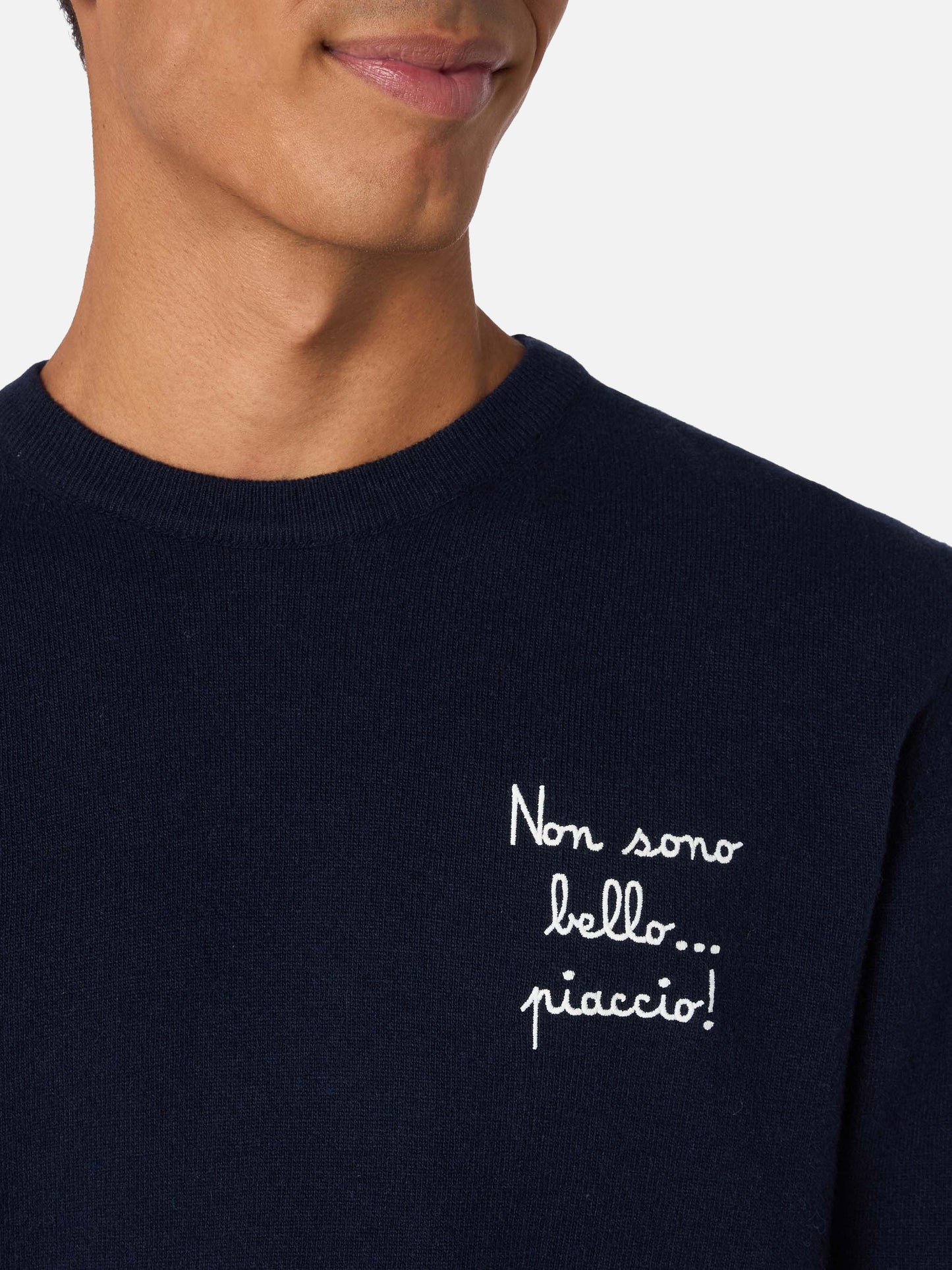 Man blue sweater Heron Light with Non sono bello, piaccio! embroidery| VACANZE DI NATALE SPECIAL EDITION - MC2 Saint Barth
