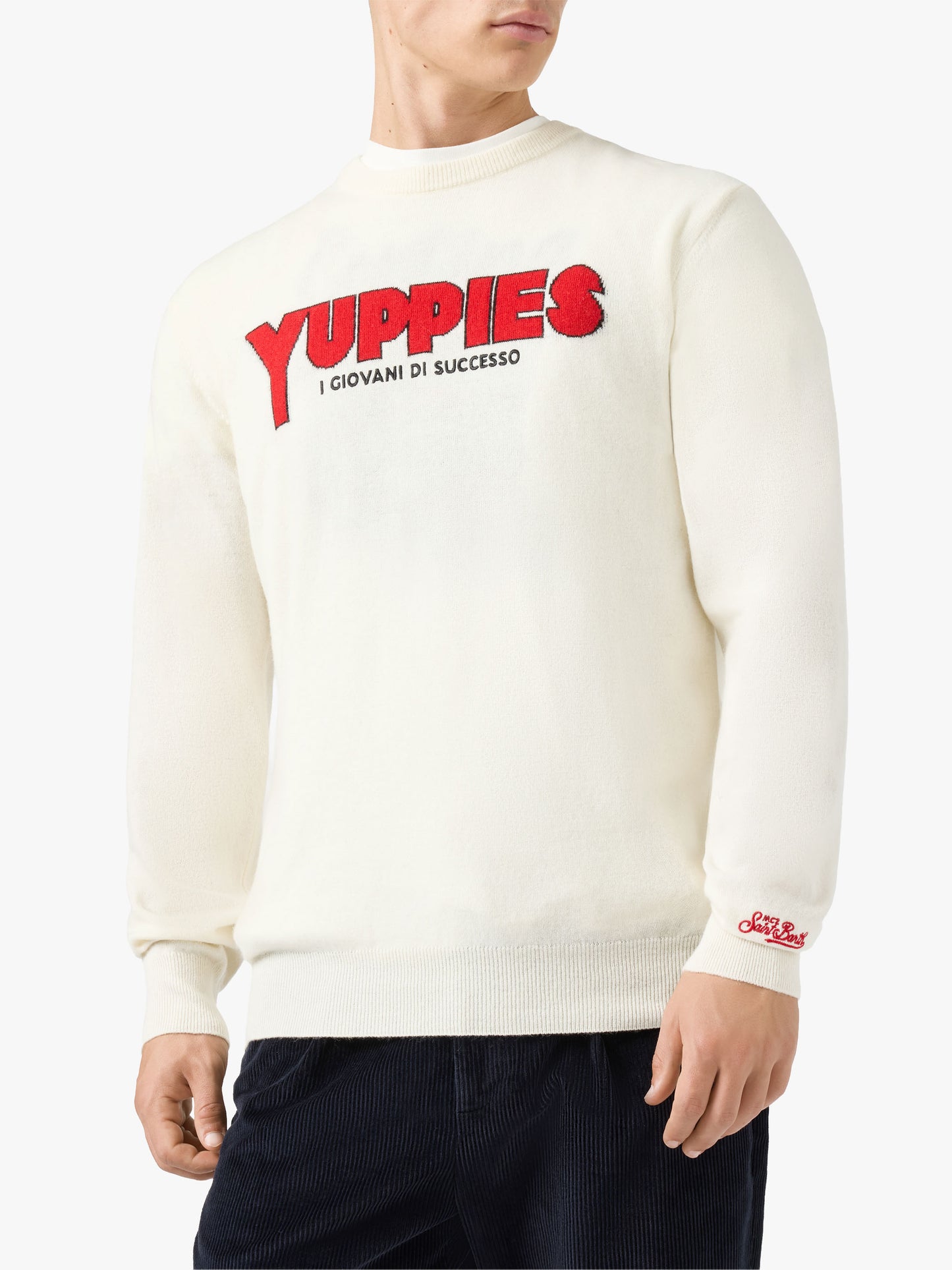Heron Light crewneck in white with Yuppies jacquard and embroidery | YUPPIES SPECIAL EDITION