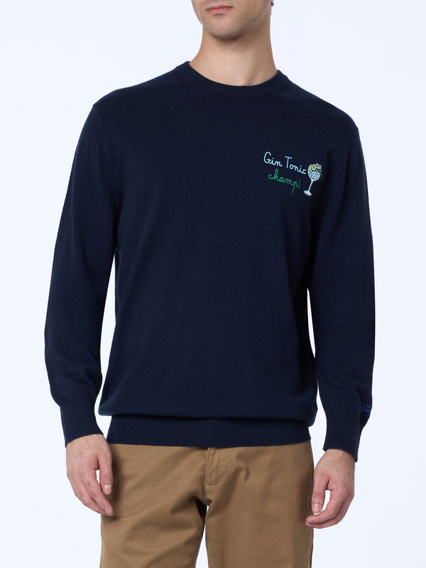 Man blue sweater Heron with Gin tonic champ embroidery