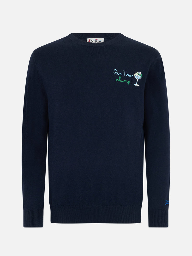 Man blue sweater Heron with Gin tonic champ embroidery