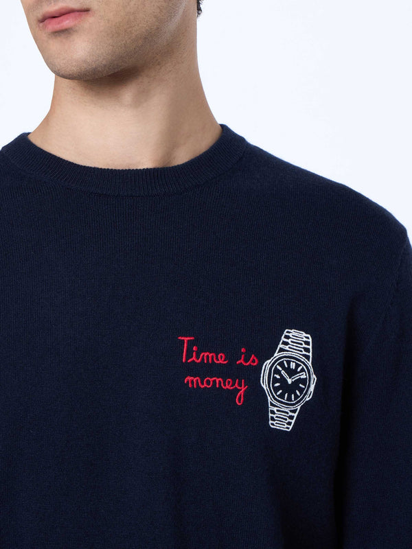 Man nevy blue sweater Heron with Time is money embroidery