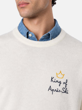 Off white Heron Light crewneck sweater with King of après ski embroidery
