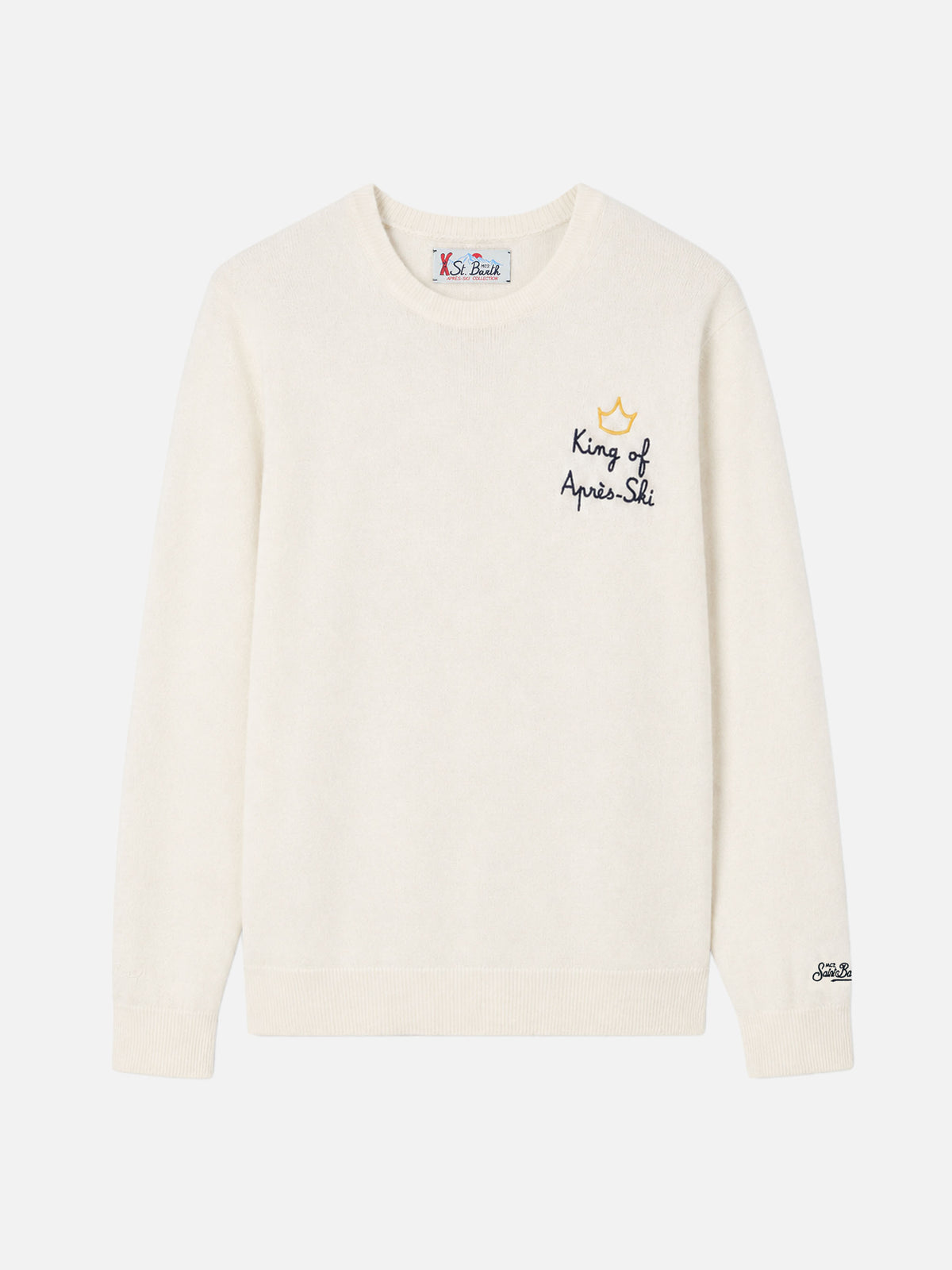 Off white Heron Light crewneck sweater with King of après ski embroidery