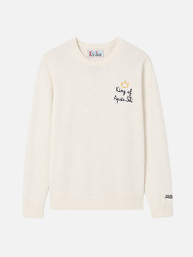 Off white Heron Light crewneck sweater with King of après ski embroidery