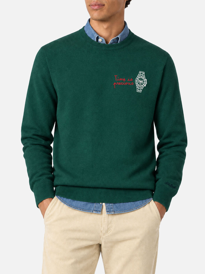 Dark green Heron Light crewneck sweater with Time is precious embroidery