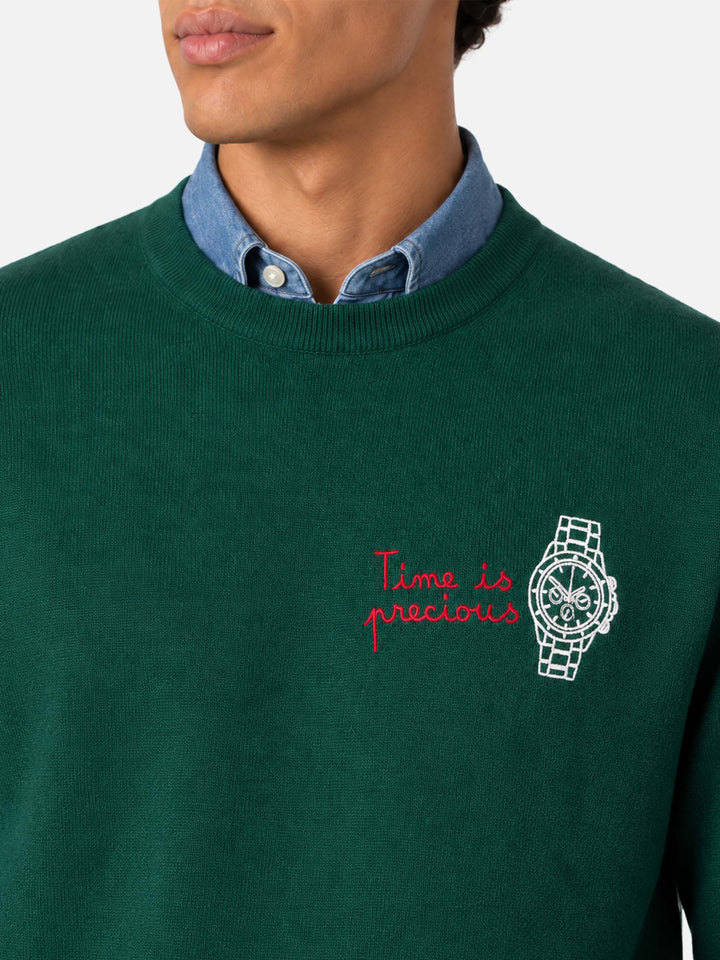 Dark green Heron Light crewneck sweater with Time is precious embroidery