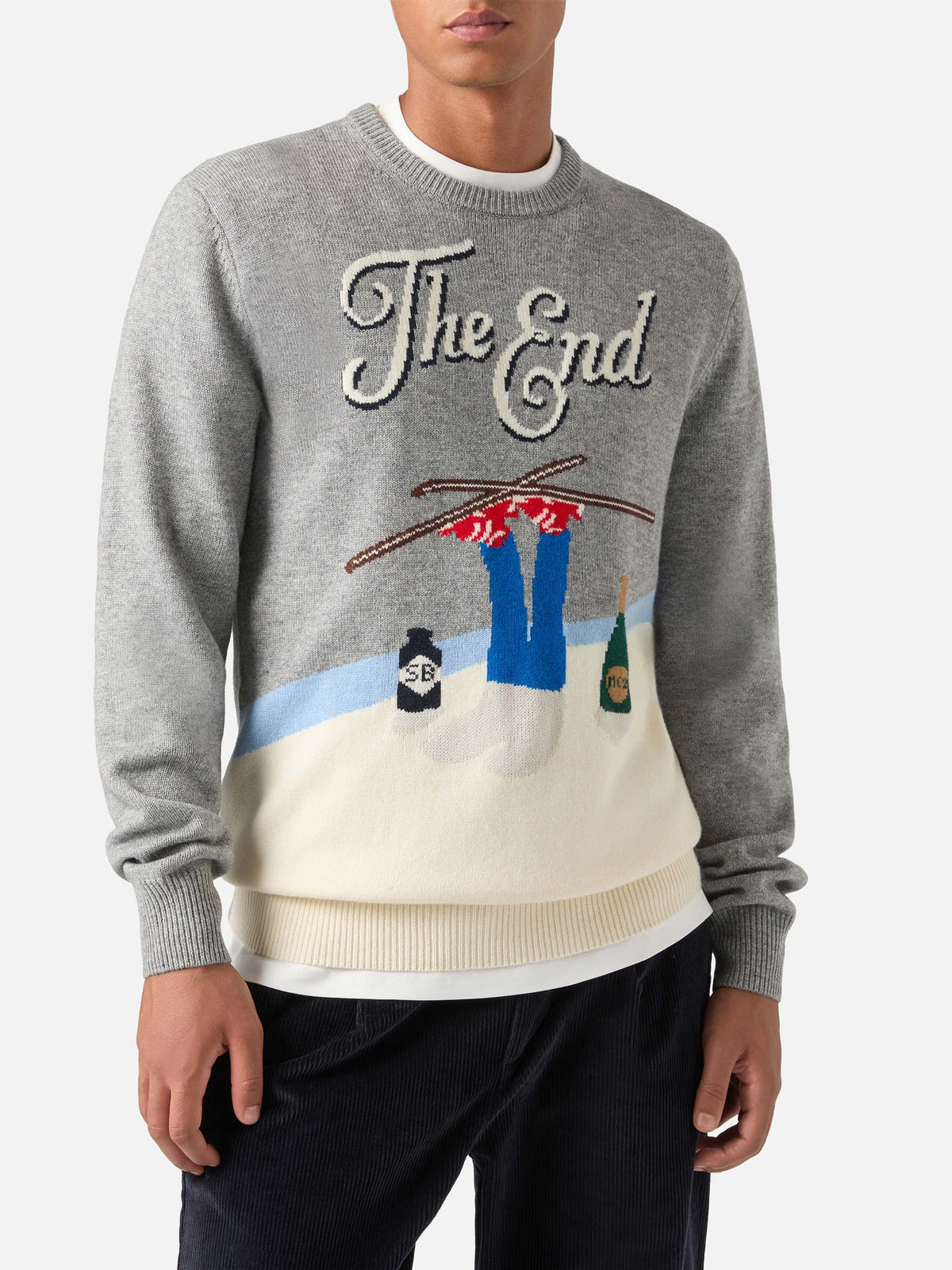 Crewneck-Strickpullover Grey Heron mit The End Intarsie 