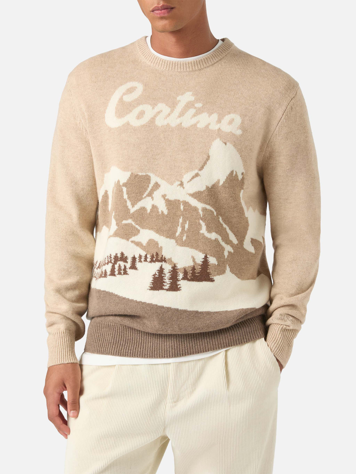 Beige Heron crewneck knit with Cortina intarsia