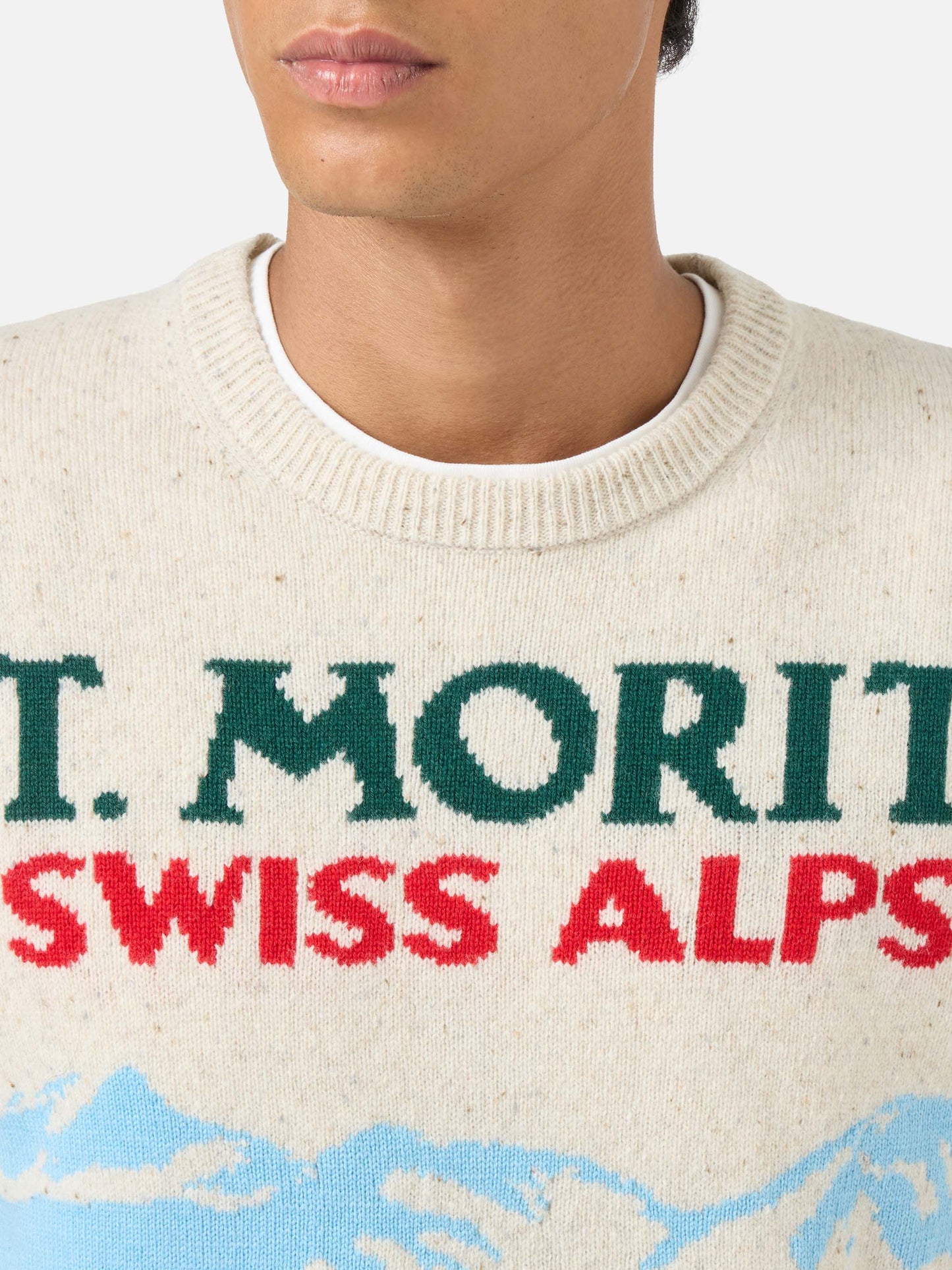 Weißer Pullover Heron mit St. Moritz-Postkartenmotiv 