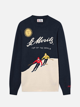 Jersey de punto con cuello redondo Heron Navy blue con intarsia y bordado St. Moritz | Special edition 