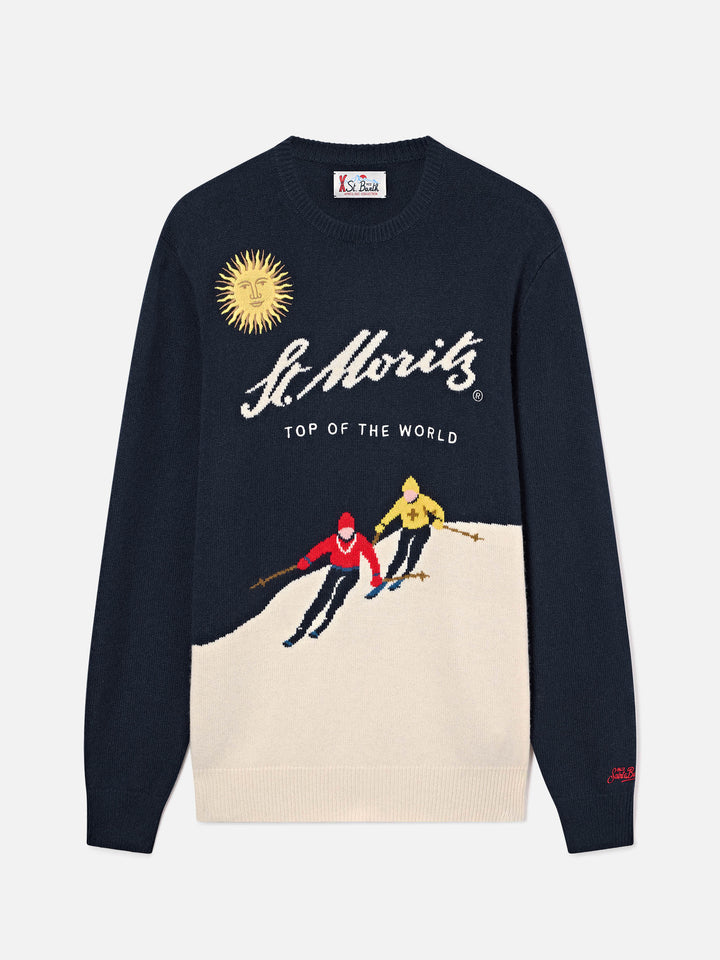 Pull en maille ras-du-cou Heron Navy blue avec intarsia et broderie St. Moritz | Special edition 