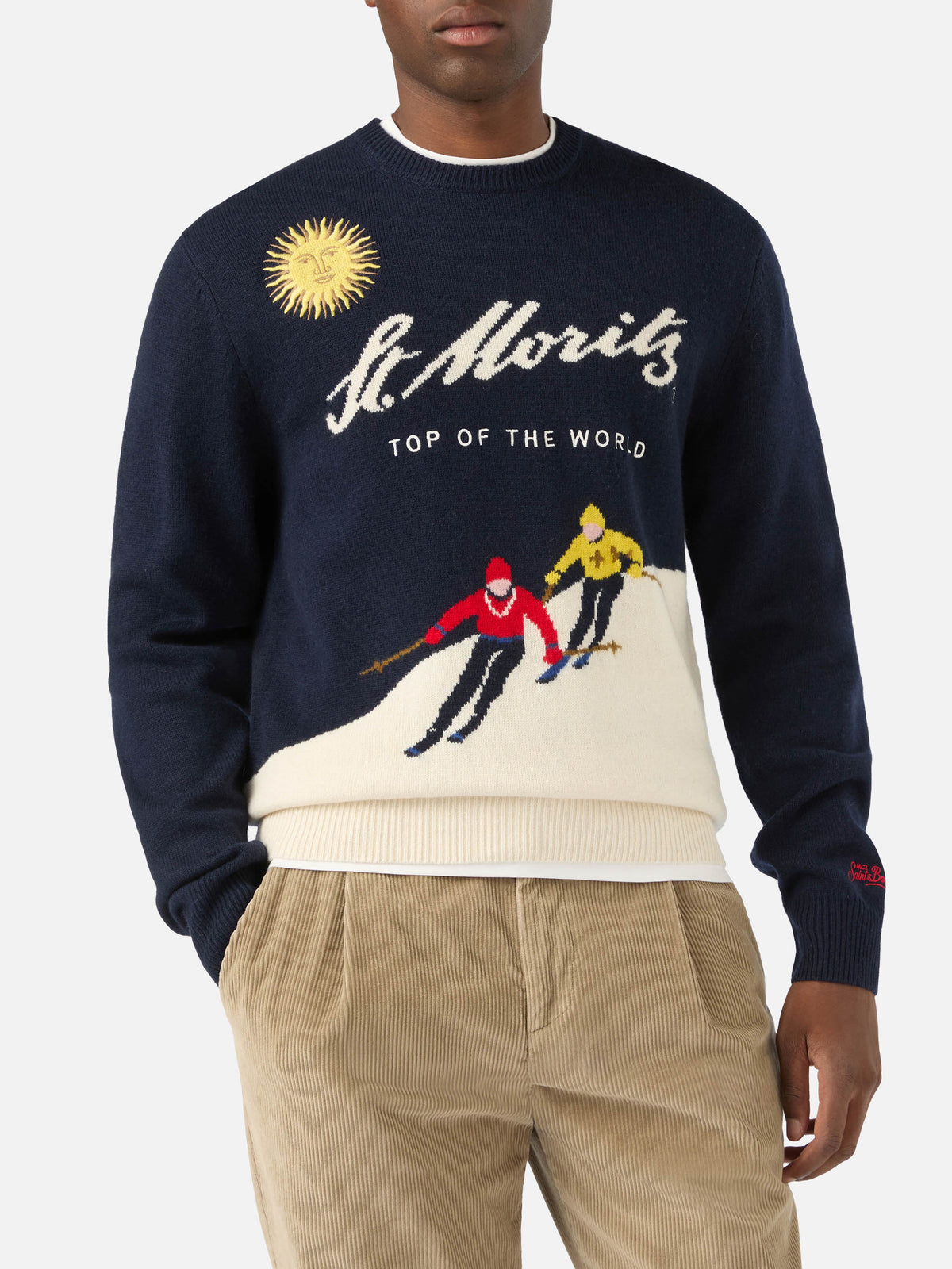 Navy blue Heron crewneck knit with St. Moritz intarsia and embroidery | Special edition