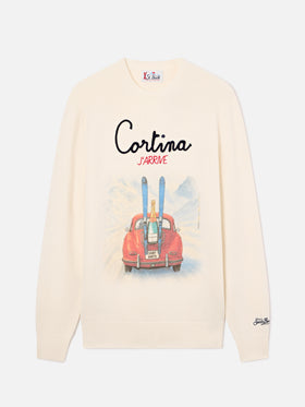 Grey Heron wool and cashmere blend crewneck with Cortina J'arrive intarsia and embroidery