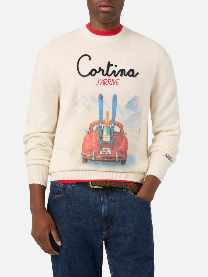 Pull col rond Grey Heron en mélange de laine et cachemire avec intarsia et broderie Cortina J'arrive 