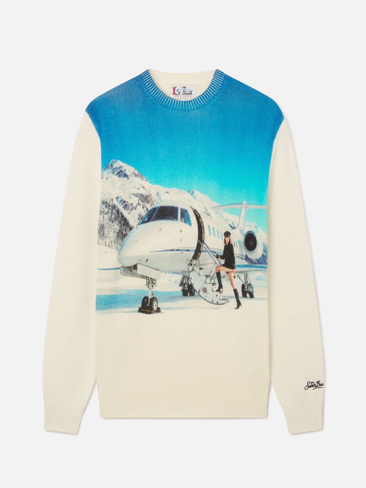 Jersey de cuello redondo Grey Heron en mezcla de lana y cachemira con intarsia y bordado private jet | Special edition 