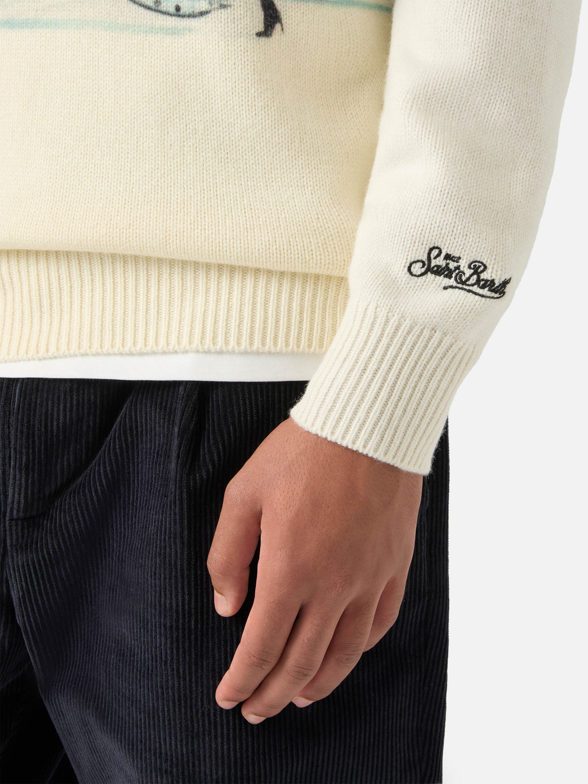 Grey Heron wool and cashmere blend crewneck with private jet intarsia and embroidery | Special edition