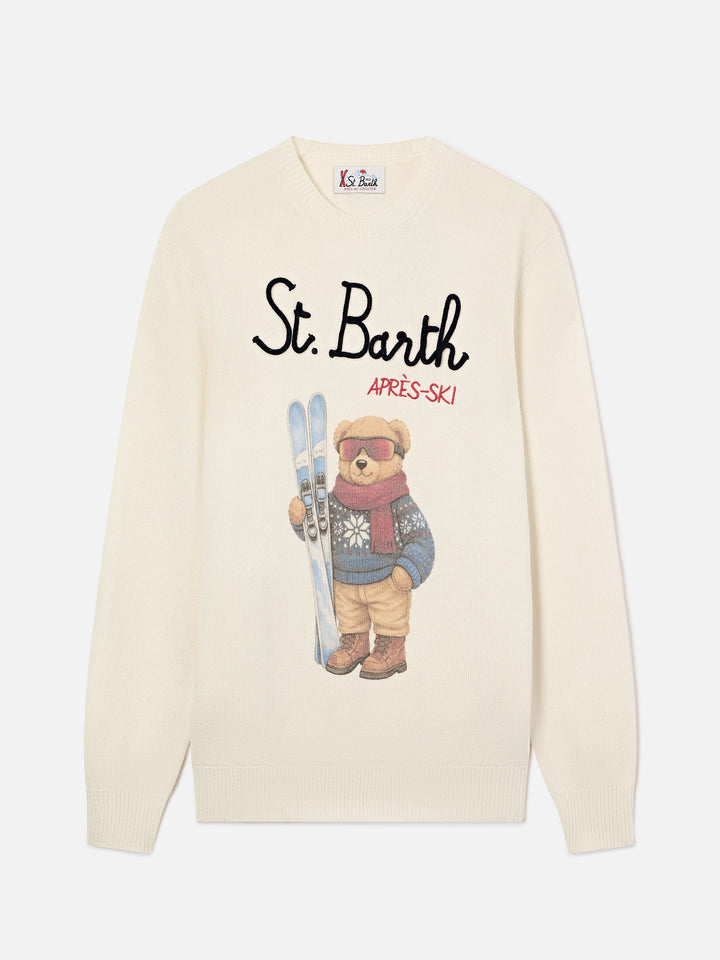 Grey Heron crewneck knit with teddy bear intarsia and embroidery