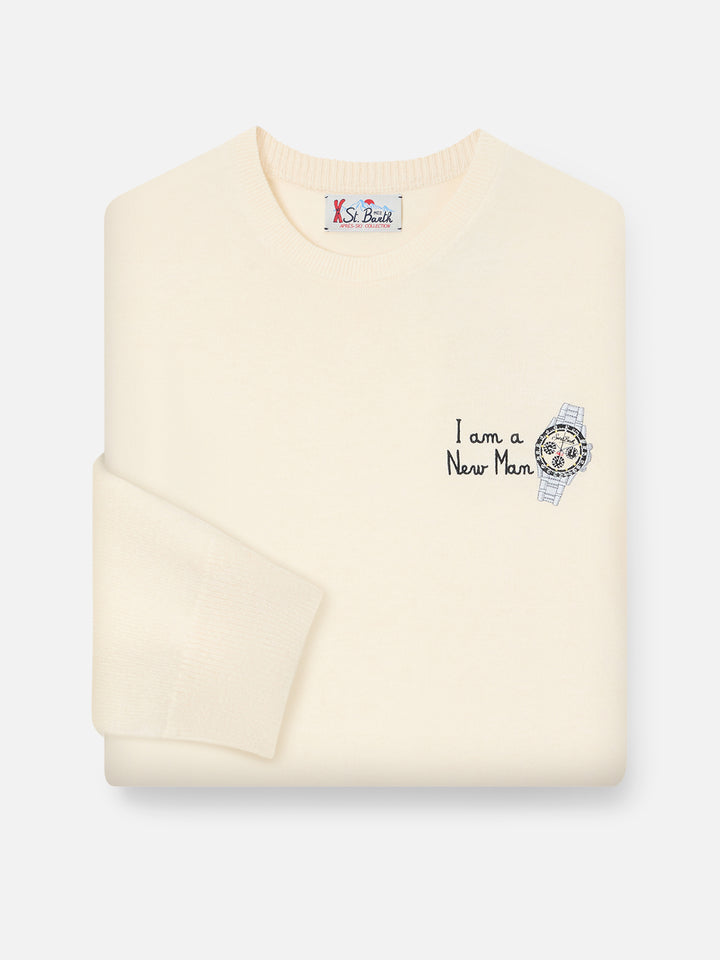Grey Heron Light wool and cashmere blend crewneck with I Am A New Man embroidery