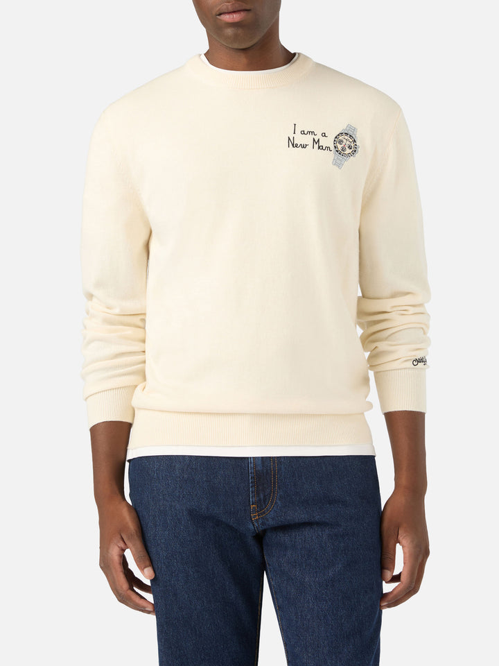 Maglia girocollo Heron Light grigia in misto lana e cashmere con ricamo I Am A New Man