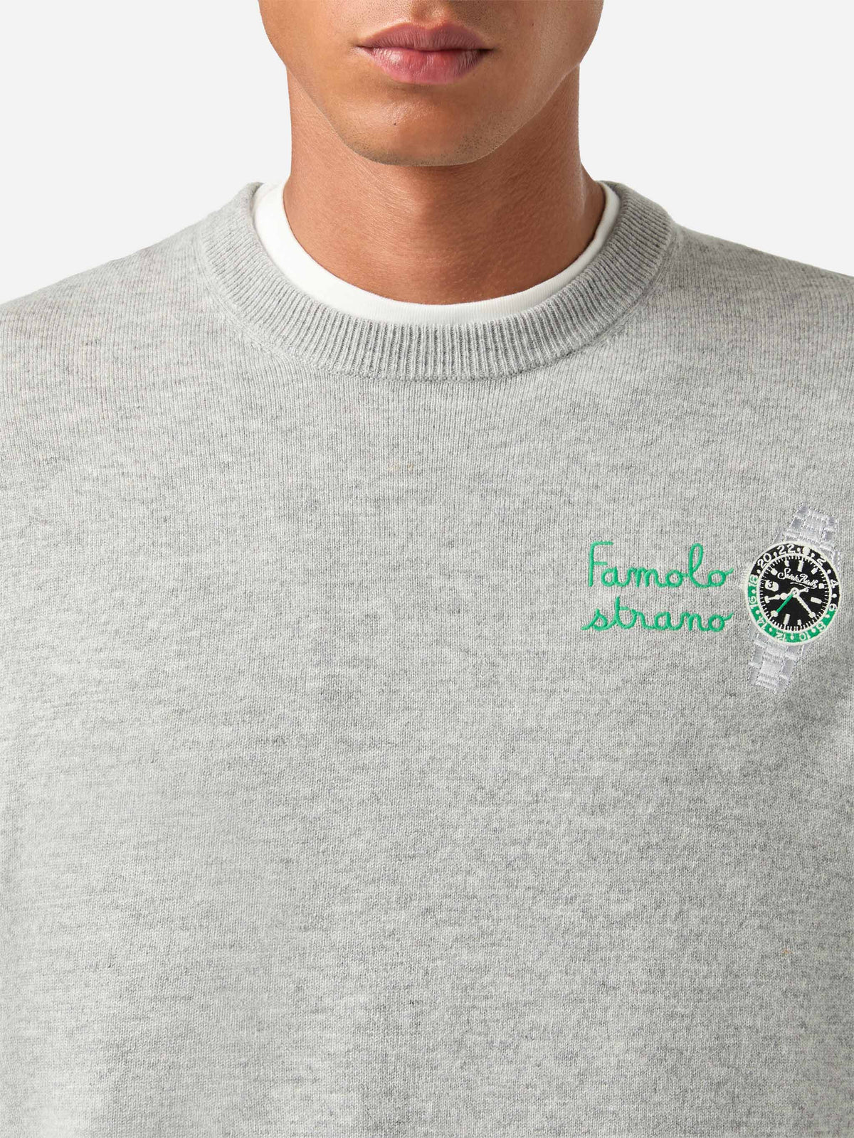 Grey Heron Light wool and cashmere blend crewneck with Famola Strana embroidery