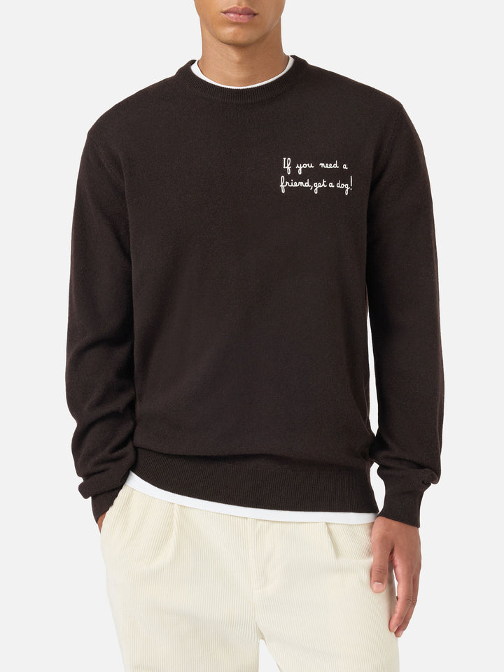 Maglione Heron Light girocollo marrone con ricamo Wall Street Dog