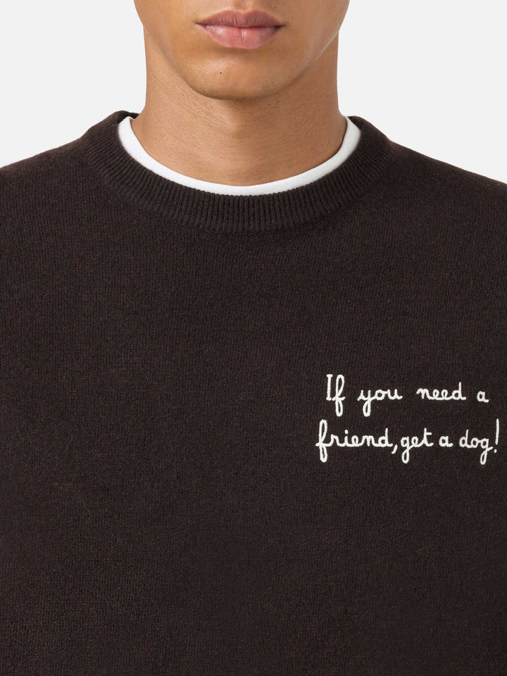 Maglione Heron Light girocollo marrone con ricamo Wall Street Dog