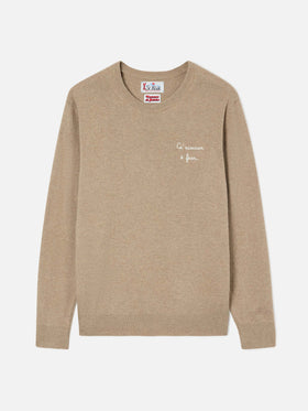 Beige Heron Light wool and cashmere blend crewneck with Ca' Nisciun È Fess embroidery | Special edition