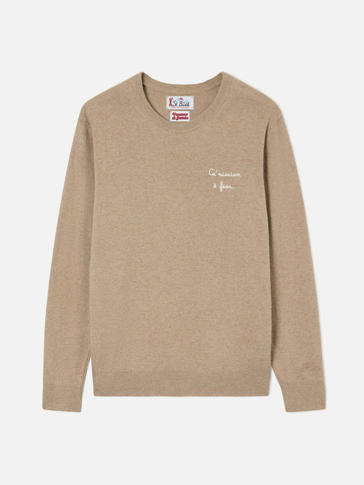 Pull col rond Beige Heron en mélange laine légère et cachemire avec broderie Ca' Nisciun È Fess | Special edition 
