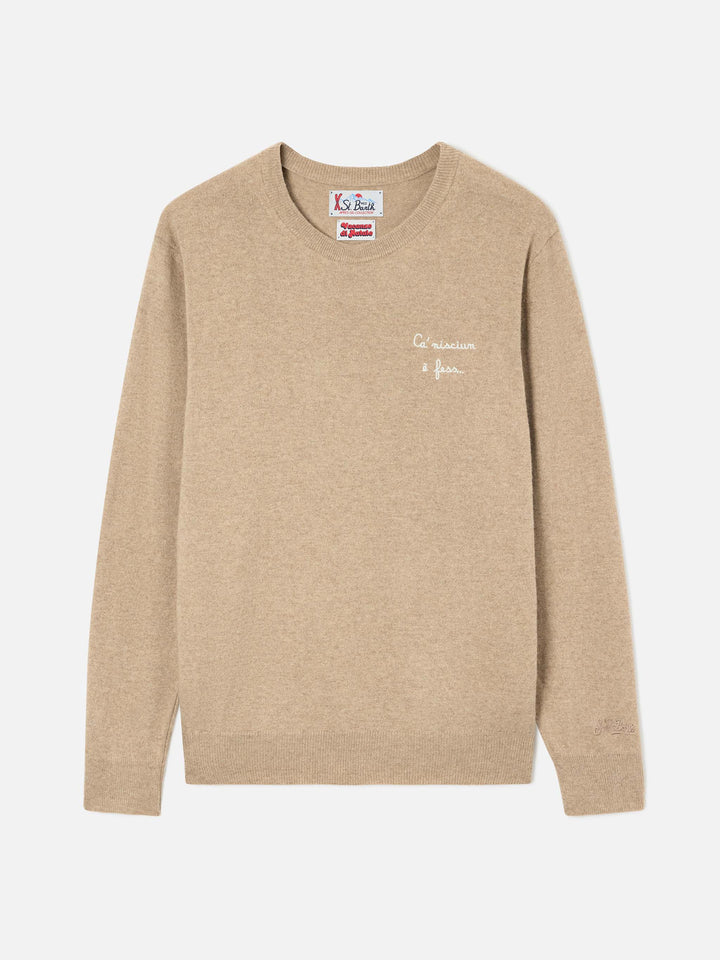 Maglia girocollo Heron Light beige in misto lana e cashmere con ricamo Ca' Nisciun È Fess | Special edition