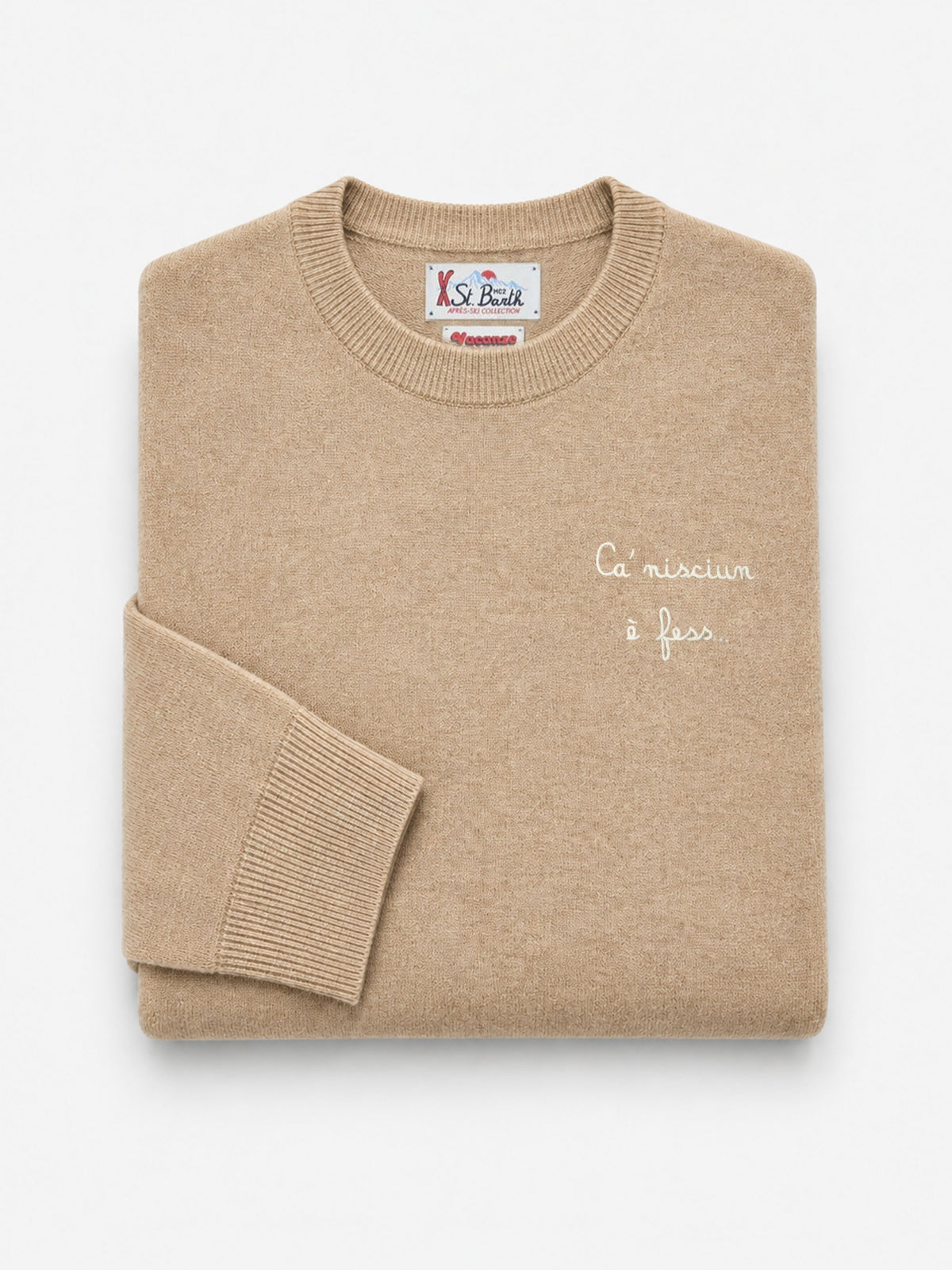 Jersey de cuello redondo Beige Heron en mezcla ligera de lana y cachemira con bordado Ca' Nisciun È Fess | Special edition 